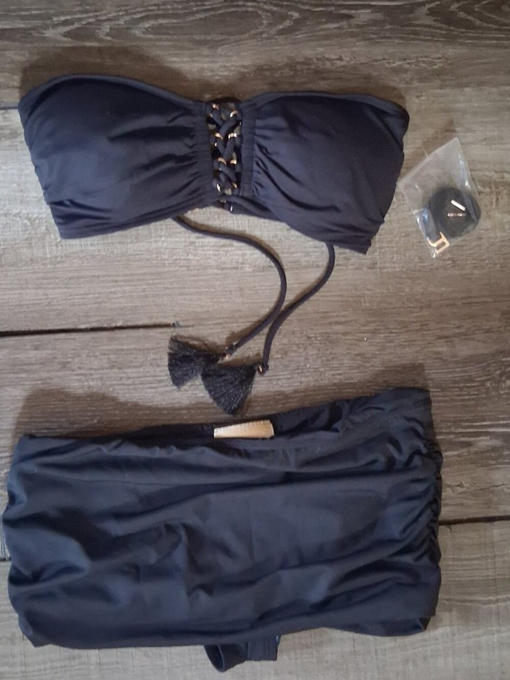 New Michael Kors Black Corset Bikini Skirted Fringe Tie XS size 4